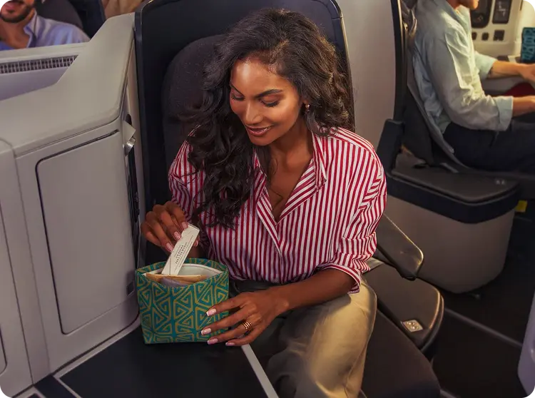 a woman enjoying the amenity kit