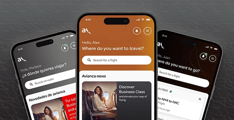 Image of three different cell phones in the Avianca app